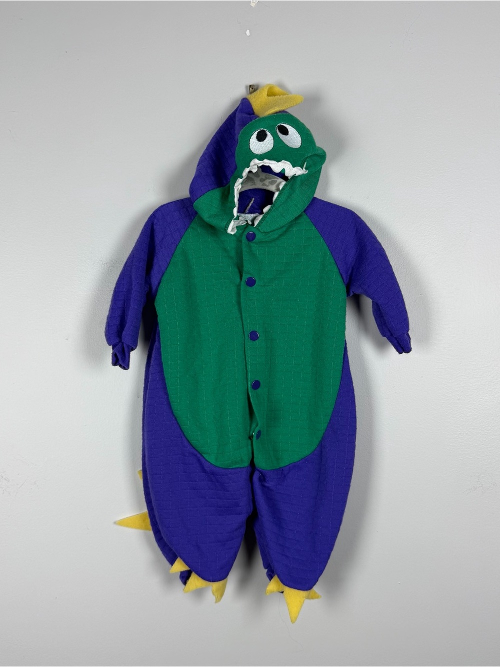 Vintage BabyGro Green Purple Dinosaur Bodysuit Jumper 90s Snap Costume Size 0-3